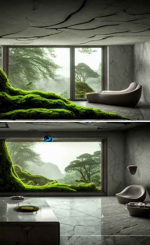 Image similar to highly detailed villa natural beautiful light interior soft cinematic composition of a smooth ceramic porcelain biomorphic magnolia stone nebula fluid sci - fi surreal architecture landscape, furniture, granite, trees, marble, moss, lichen, fungi, vincent callebaut composition, mamou - mani, archviz, 8 k, unreal engine, hdr