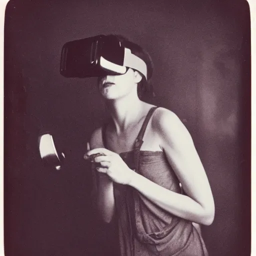 Image similar to an ancient demon-girl using a VR headset, mist , 1910 Polaroid photo, Black and white