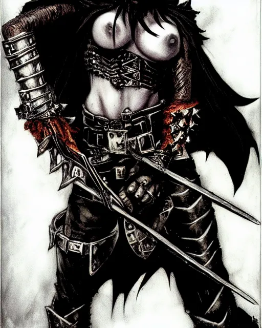 Image similar to portrait of a skinny punk goth thief wearing armor by simon bisley, john blance, frank frazetta, fantasy, barbarian, hardcore