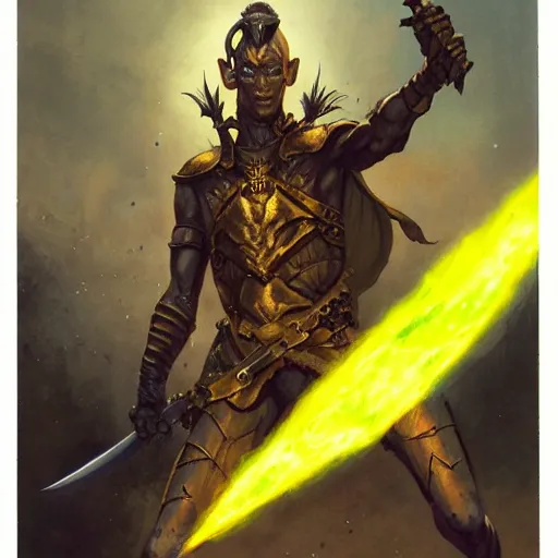 Image similar to ( ( ( quarter length portrait of a gaunt noseless yellow - skinned bald githyanki warrior in a breastplate, wielding a magical silver greatsword ) ) ), greg rutkowski, frank frazetta, alexandre chaudret, boris vallejo, michael whelan, miro petrov, magali villeneuve, donato giancola, d & d