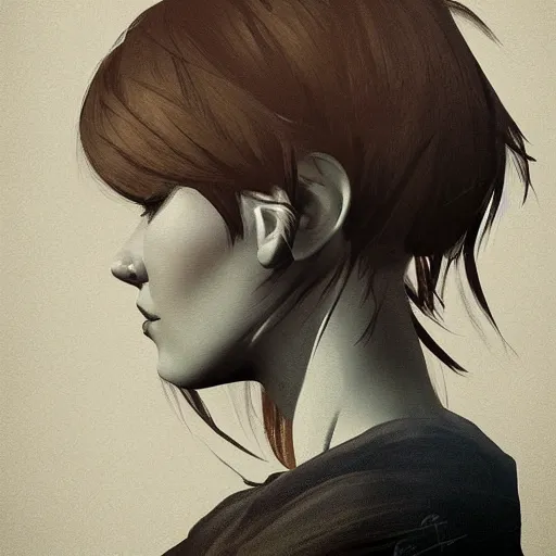 Image similar to a half profile Concept art portrait of a young woman with floating hair against a gloomy background in the style of max schulz xoco1 trending on artstation,