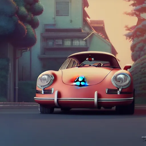 Image similar to 50s porsche, dynamic photograph, motion blur :: studio ghibli, beeple and James Gilleard and Justin Gerard :: ornate, dynamic, particulate, rich colors, intricate, elegant, highly detailed, centered, artstation, smooth, sharp focus, octane render, 3d