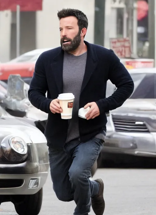 Image similar to ben affleck being chased by a giant cup of dunkin donuts coffee, running scared