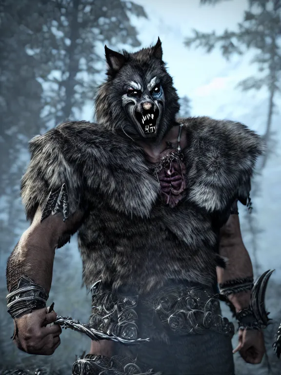 Image similar to cute handsome cuddly burly surly werewolf from van helsing unreal engine hyperreallistic render 8k character concept art masterpiece screenshot from the video game the Elder Scrolls V: Skyrim