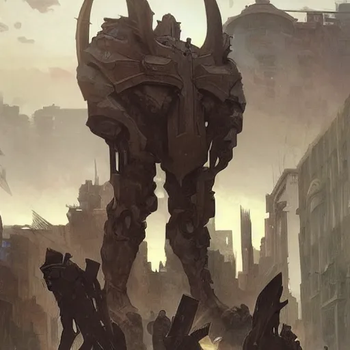 Image similar to giant humanoids covered in armor wandering between the buildings in a desolate and ruined new york, artstation, concept art, smooth, sharp focus, illustration, art by artgerm and greg rutkowski and alphonse mucha and william - adolphe bouguereau