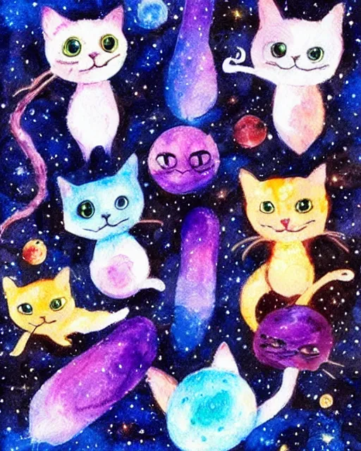 Image similar to cute galactic space kittens playing with yarn, painted in water colors