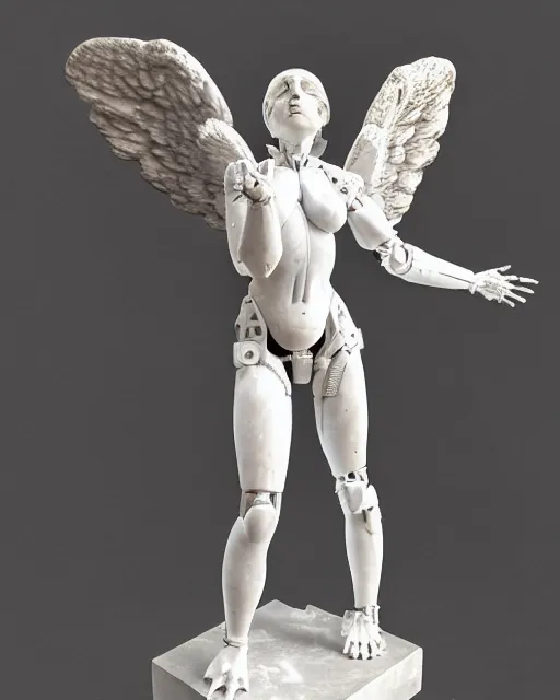 Prompt: marble sculpture of female angel with solarpunk mecha humanoid robotic parts with bright led lights, pudica pose gesture, by michelangelo, in white room, ultra - realistic and intricate, hdr 8 k