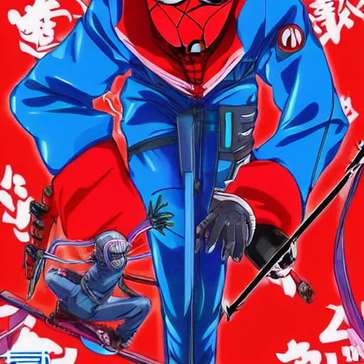Prompt: Anime key visual of Cyberpunk ninja Spider-Man in a colorful blue and scarlet suit, wearing a scarlet hoodie, riding a skateboard in Berlin, official media drawn by Hirohiko Araki, anime magazine cover, manga cover, shonen jump cover, in the style of JOJO’s bizarre adventure, Hirohiko Araki artwork
