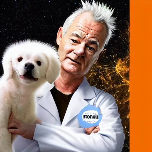 Image similar to !dream the roll of Rick Sanchez will be played by Bill Murray, spikey hair, white lab coat, photography