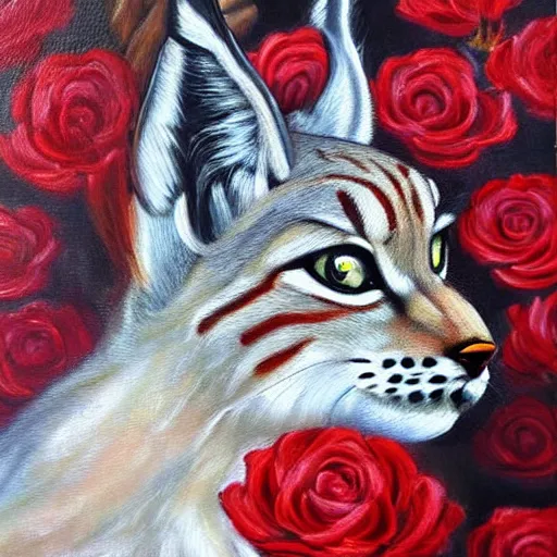 Prompt: an expressive oil painting of a lynx waring a crown!!!!!!! made out of roses, high quality art,