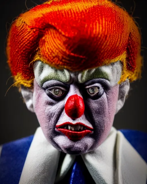 Image similar to a creepy paper mache doll of a scary clown donald trump, realistic, very detailed, complex, intricate, studio lighting, bokeh, sigma 5 0 mm f 1. 4