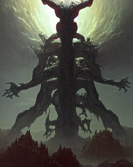Prompt: a huge humanoid demon by BROM, Thomas Cole and Wayne Barlowe