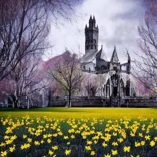 Prompt: haunted holiday in christchurch new zealand tram cashel mall hagley park daffodils high quality 8 k render digital fantasy art beautiful stunning. intricate. ornate. wonderful. utopia.