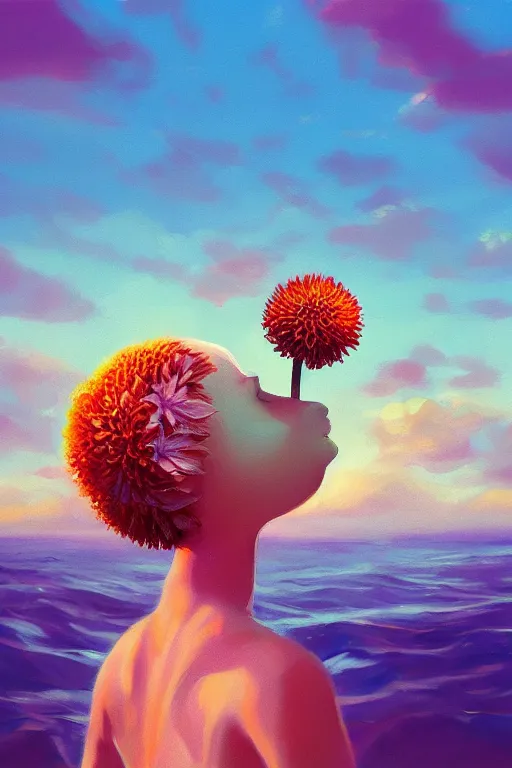 Image similar to closeup giant dahlia flower head, girl laying on beach, surreal photography, blue sky, sunrise, dramatic light, impressionist painting, digital painting, artstation, simon stalenhag