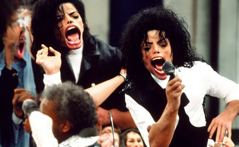 Prompt: Michael Jackson screaming at Jerry Springer
