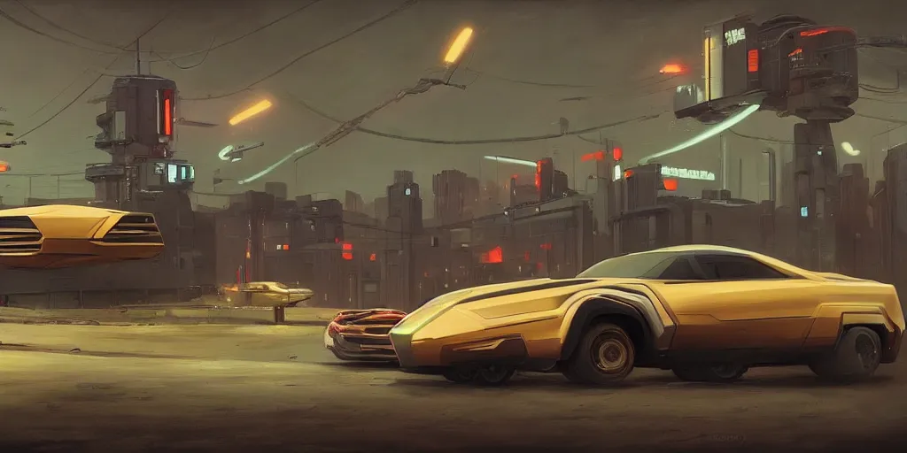 Image similar to vehicles car design, hard surface, futuristic , cyberpunk, simon stalenhag, muscle car , hover