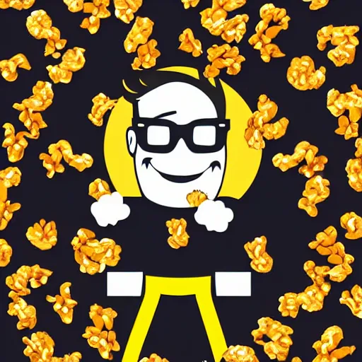 Prompt: vector anime style logo featuring a flaming piece of popcorn with a smiling face, with mirrorshades sunglasses, popcorn as morpheus, clean composition, symmetrical