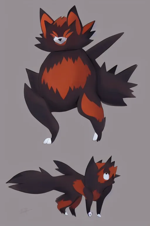 Image similar to zorua pokemon, stylised fox - like appearance, black and auburn colour pallet, thick furry neck and chest fluff, stylised 🖌 - like hair on head, pokemon concept art with multiple angles, super detailed, clean lines, digital art