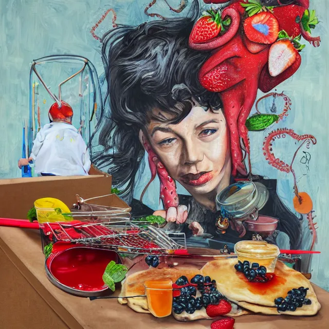 Prompt: a portrait in a dumpster, a woman holding pancakes, honey dripping, berries dripping, strawberries, scientific instruments, ikebana, octopus, neo - expressionism, surrealism, acrylic and spray paint and oilstick on canvas