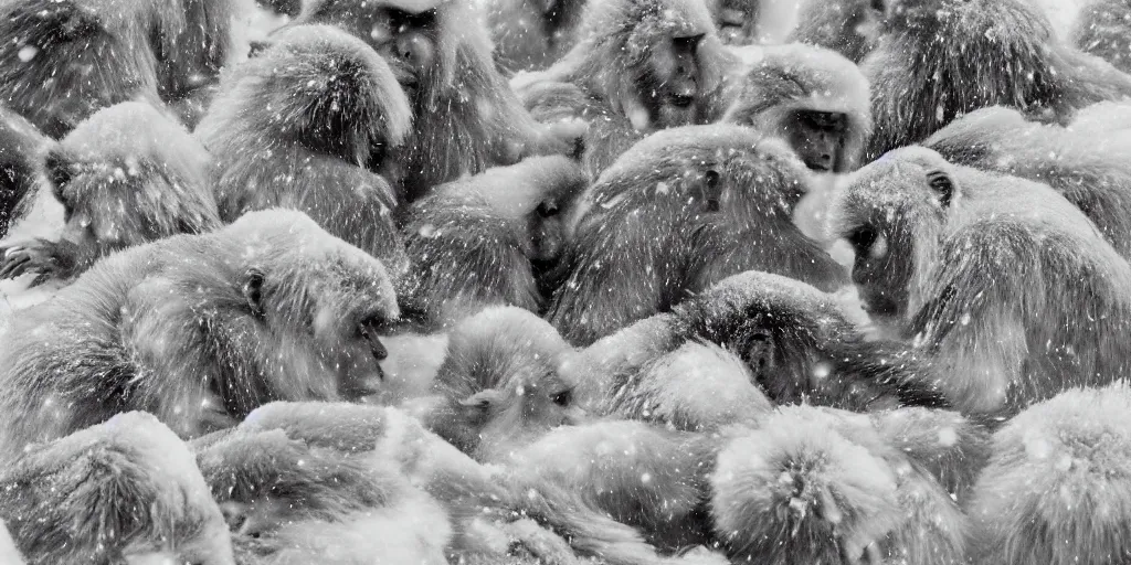 Image similar to scenic mountain setting, snow monkeys gather at the natural spa, highly detailed, snow flurry, cold, steamy, desaturated, inquisitive, striking, contemplative, watercolor, dry brush