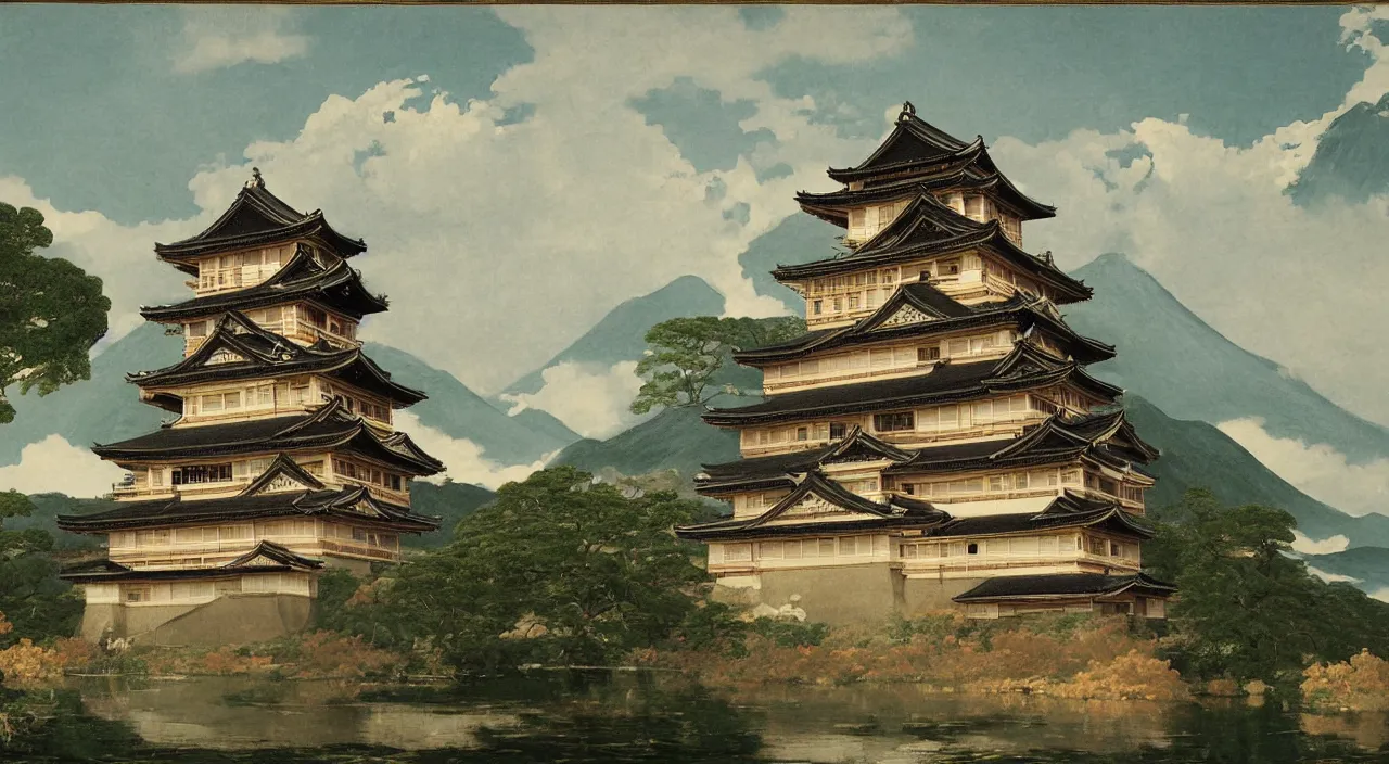 Prompt: a Japanese castle, by Thomas Cole