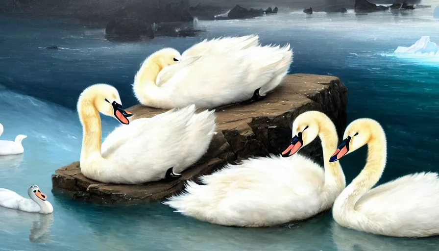 Image similar to highly detailed painting of cute furry white baby seal swan cats cuddling into each other on a blue and white iceberg by william turner, by greg rutkowski, by william constable, thick brush strokes and visible paint layers, 4 k resolution