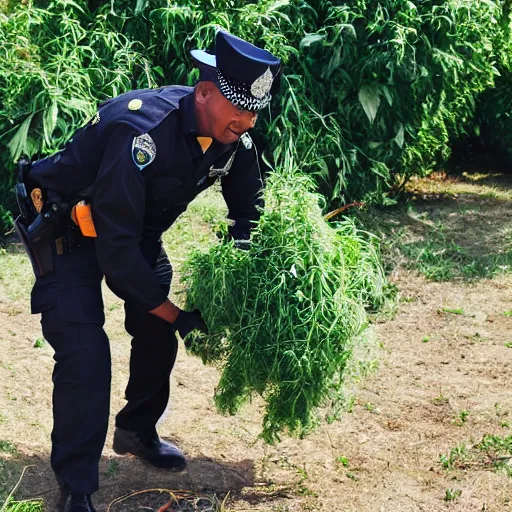 Image similar to police man harvesting weed with a smile, sharp, 8k, detailed face