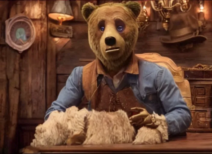 Prompt: film still of Ryan Gosling in the new Country Bear Jamboree movie, 8k