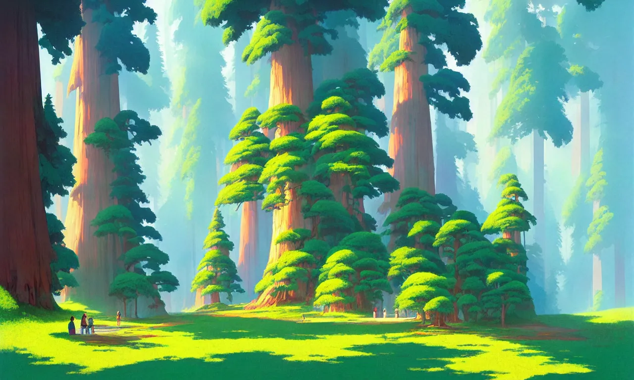 Image similar to Sequoia park in a colorful moutain with beautiful trees , no people, morning, by studio ghibli painting, superior quality, masterpiece, traditional Japanese colors, by Grzegorz Rutkowski, concept art