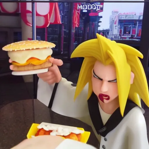 Image similar to Sephiroth eating a big mac in McDonald's, highly detailed, 4k 1080p, shot on iphone,