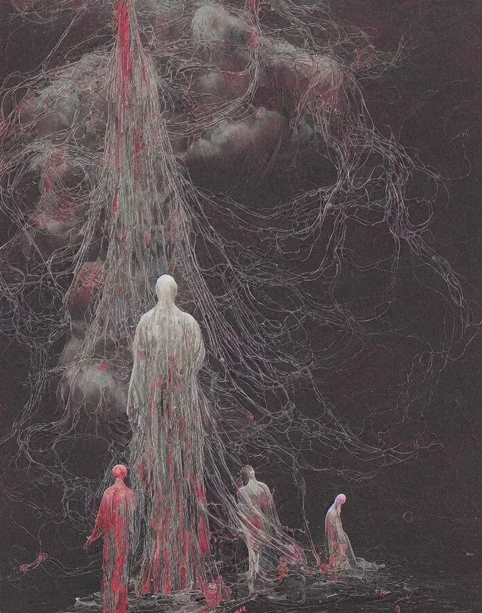 Prompt: worshippers in robes belonging to the cult of the lighthouse standing in waves, a lighthouse, high detailed beksinski painting, part by adrian ghenie and gerhard richter. art by takato yamamoto. masterpiece, dark and moody, deep colours