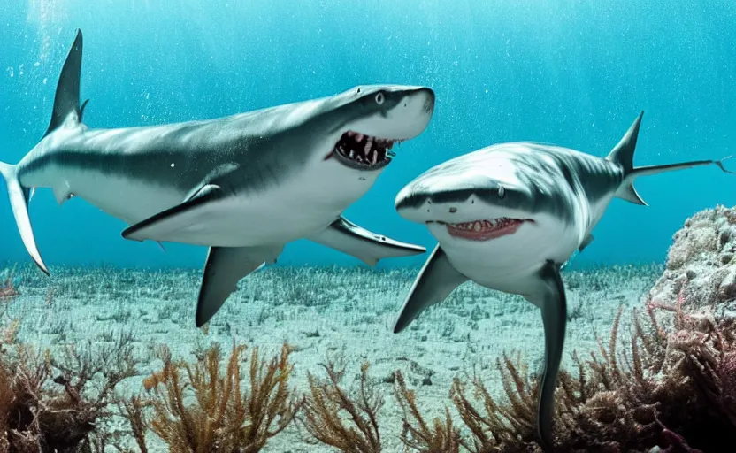 Prompt: an underwater photograph of a ferocious and ravenous baby shark, chasing a chicken on a lure through the deep sea.