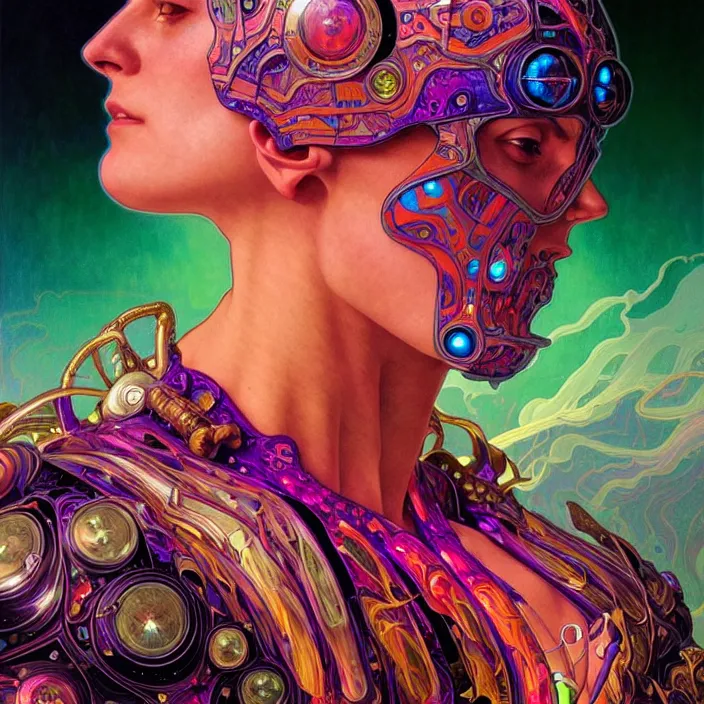 Image similar to bright psychedelic portrait of organic starseed cyborg, diffuse lighting, fantasy, intricate, elegant, highly detailed, lifelike, photorealistic, digital painting, artstation, illustration, concept art, smooth, sharp focus, art by John Collier and Albert Aublet and Krenz Cushart and Artem Demura and Alphonse Mucha