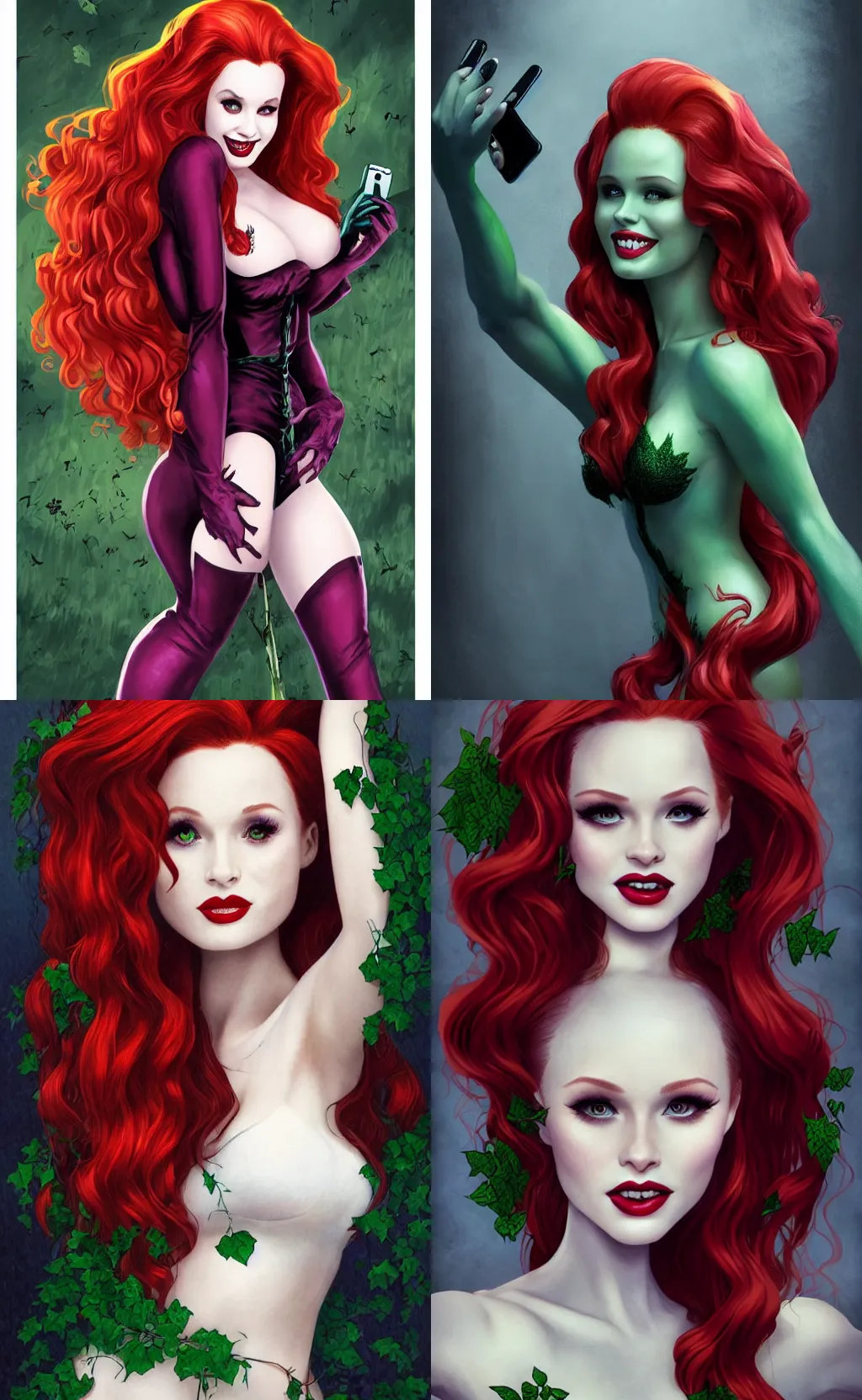 Prompt: vampire beautiful Madelaine Petsch poison ivy DC comics taking a selfie, evil smile, realistic character concept, medium shot waist up, fun pose, comic book, illustration, slender symmetrical face and body, artstation, cinematic lighting, hyperdetailed, cgsociety, 8k, high resolution, Charlie Bowater, Tom Bagshaw, single face, insanely detailed and intricate, beautiful, vfx, postprocessing