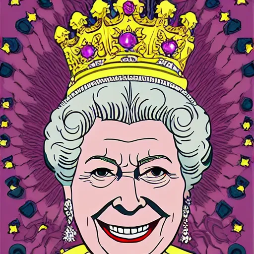 Image similar to The Queen of England Queen Elizabeth the Second in the style of Jojo's Bizarre Adventure, digital art, manga, colorful, intricate