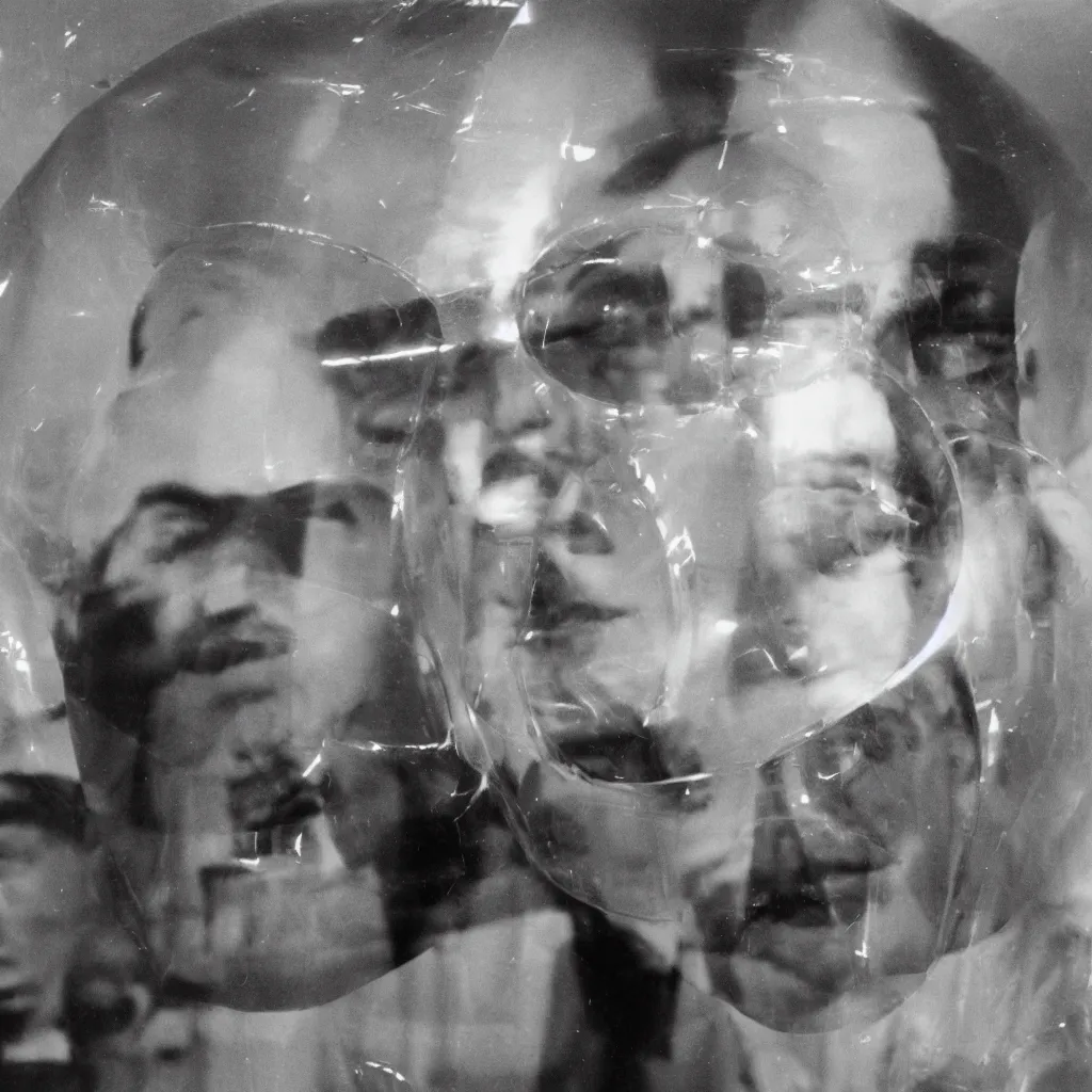 Image similar to Marshall McLuhan trapped in a huge inflatable transparent tube with chrome effect