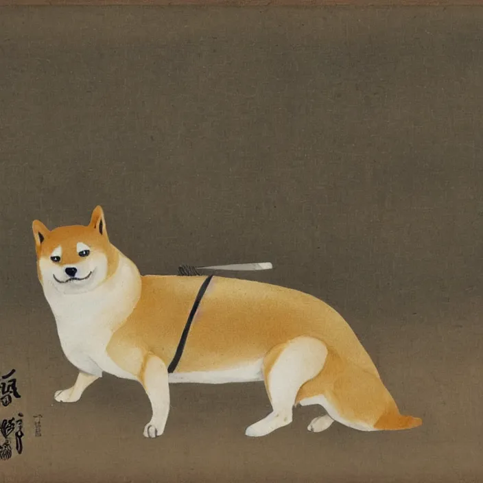 Image similar to a shiba-inu-samurai waking up from a nap, artwork on loan from the historical dog society of japan