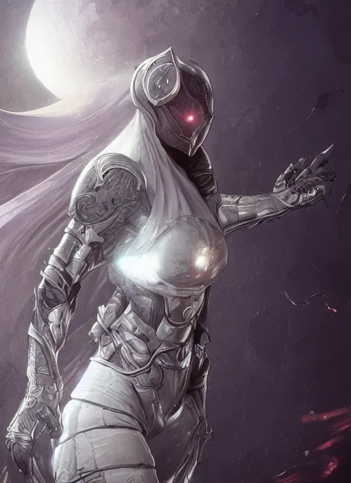 Image similar to female moon knight, hyper detailed, dynamic background, digital art, trending in artstation, cinematic lighting, studio quality, smooth render, unreal engine 5 rendered, octane rendered, art style by klimt and nixeu and ian sprigger and wlop and krenz cushart
