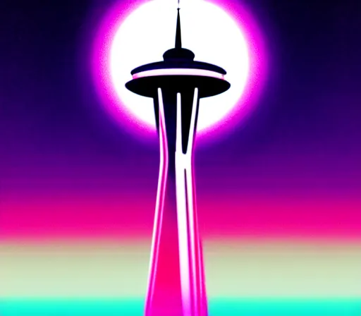 Image similar to a beautiful and immaculate balanced vaporwave ombre scene depicting outrun style seattle and the space needle