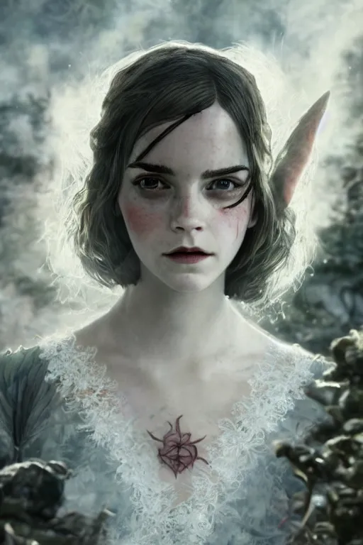 Image similar to a mix of of emma watson, anya taylor - joy and emma stone, evil sorceress elf, lotr, hyperrealism, octane render, extremely detailed, intricate smoke magic, lace, style of mark ryden, earl nore, hyung tae, frank frazetta