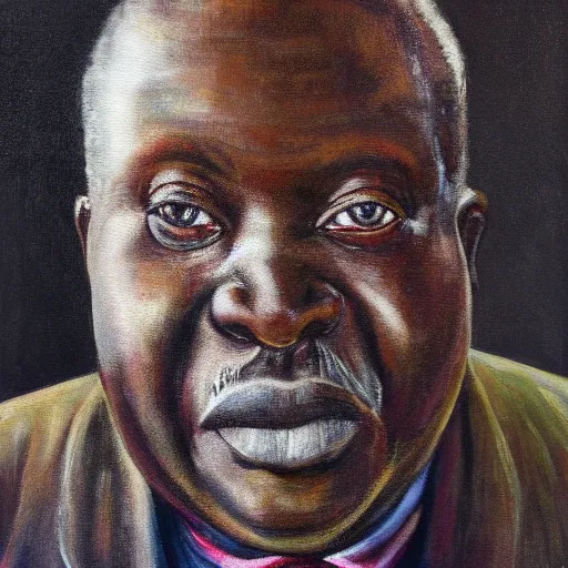 Image similar to a painting of a fatherly, aquiline nose, wide forehead, round face, XXL , loving, caring, generous, ever-present, humble, wise elder from Kenya with a friendly expression in a suit by Lynette Yiadom-Boakye . Fatherly/daddy, focused, loving, leader, relaxed,. ethereal lights, details, smooth, sharp focus, illustration, realistic, cinematic, artstation, award winning, rgb , unreal engine, octane render, cinematic light, macro, depth of field, blur, red light and clouds from the back, highly detailed epic cinematic concept art CG render made in Maya, Blender and Photoshop, octane render, excellent composition, dynamic dramatic cinematic lighting, aesthetic, very inspirational, arthouse.