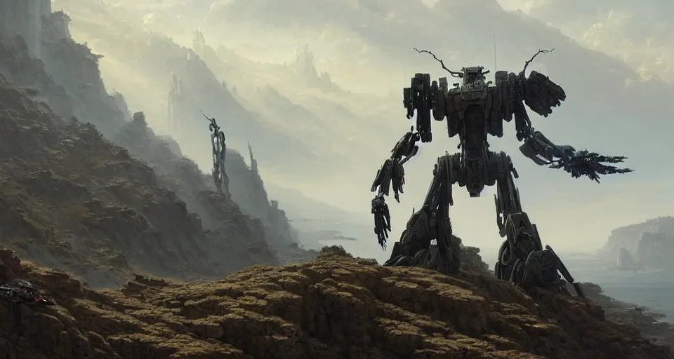 Image similar to hyper realistic sci - fi matte concept art painting of mecha on a cliff overlooking a raging battle, beautiful details, strong composition painted by kim jung guweta studio rutkowski, james gurney and greg rutkowski, and lucasfilm, smooth, intricate, detailed, sharp focus, cinematic