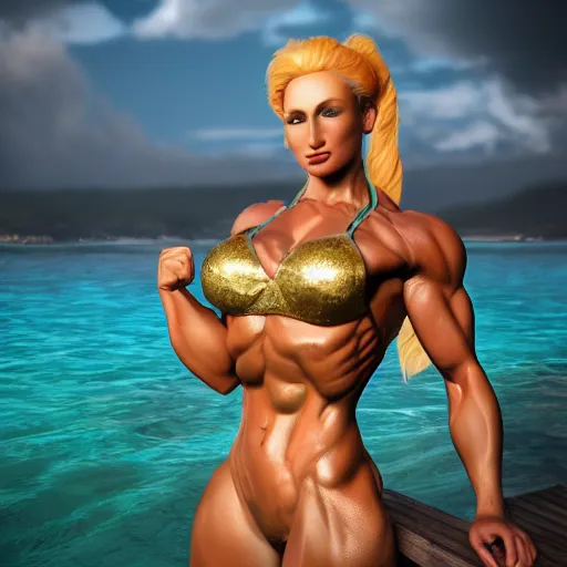 Image similar to mermaid bodybuilder, 4 k, trending on artstation, artstationhd, artstationhq, octane render, super detail