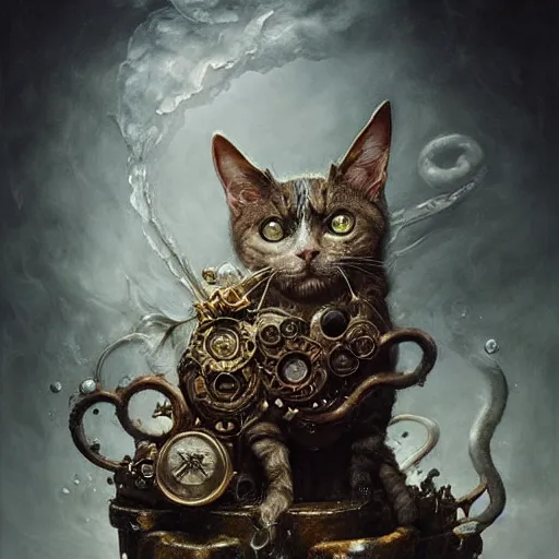 Image similar to a beautiful detailed 3d matte portrait of a alchemist cat, by ellen jewett, by tomasz alen kopera, by Justin Gerard, ominous, magical realism, texture, intricate, skull, skeleton, whirling smoke, alchemist bottles, radiant colors, fantasy, volumetric lighting, high details