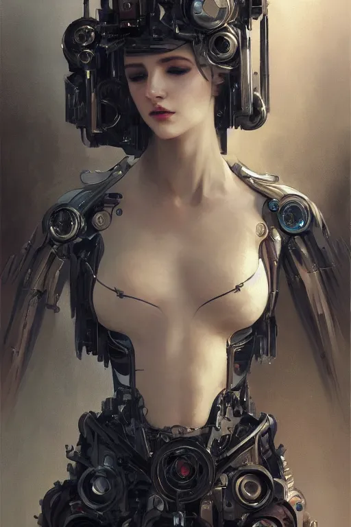 Image similar to laying beautiful painting of a crowned robotic cyberpunk princess in a gothic dark flowing gown laying, intricate, elegant, highly detailed, digital painting, artstation, concept art, by krenz cushart and artem demura and william adolph bouguereau