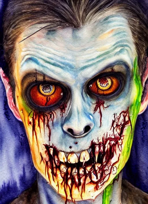 Prompt: zombie hollywood professional acting headshot, hyperrealism, intricate detailed, studio lighting, charming expression gesicht, hauntingly beautiful zombie, watercolor art, drawn and painted, colored layers, dulled contrast, exquisite fine art, splatterpaint