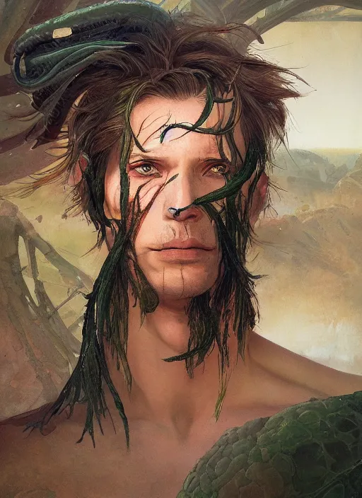 Prompt: a portrait of a male character, vertical snake nostrils against skin, in a scenic environment by Ross Tran and by Jesper Ejsing and by Mikalojus Konstantinas Ciurlionis