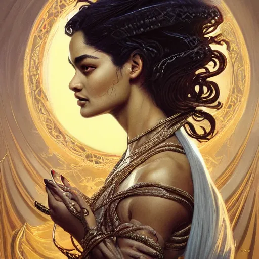 Image similar to Shanina Shaik as Medusa, intricate, elegant, highly detailed, digital painting, artstation, concept art, smooth, sharp focus, illustration, art by artgerm and greg rutkowski and alphonse mucha