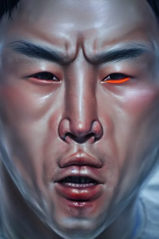 Image similar to hyperrealistic close-up graffiti exoskeleton! chinese man highly detailed concept art eric zener elson peter cinematic hard orange lighting high angle hd 8k sharp shallow depth of field