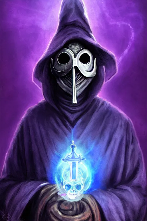 Image similar to a plague doctor with a blue wizard robes as a d & d character, blue robe, magical, blue highlights, hip hop aesthetic, purple evil aura, concept sheet, painting by gaston bussiere, demon slayer, akiri toriyama, dramatic lighting, purple lighting, anime